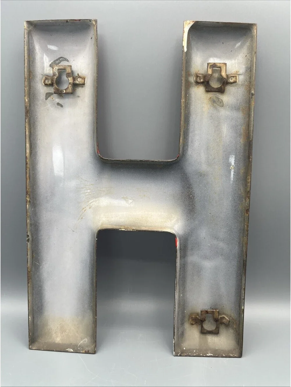 Vintage Porcelain Enamel Metal Sign Letter H Red 12” Gas Station Oil Advertising